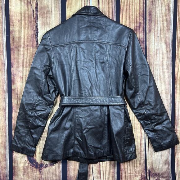 Wilsons Leather Womens S Brown Genuine Leather Belted Trench Coat Y2K Mid Length - Picture 6 of 11